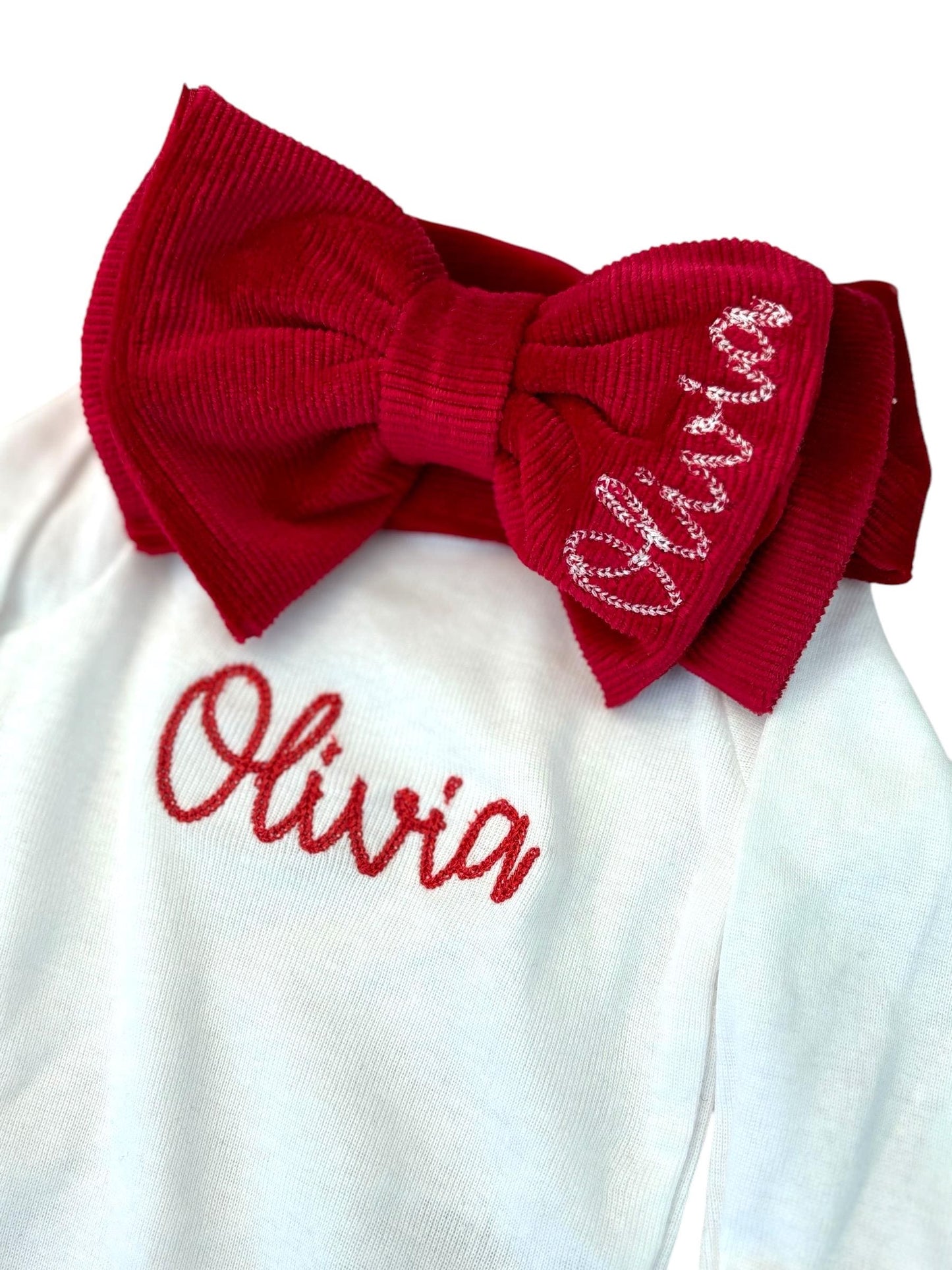 Personalized Christmas Bow and Onesie or T shirt Newborn infant toddler or adult girl name perfect for family matching and holiday pictures