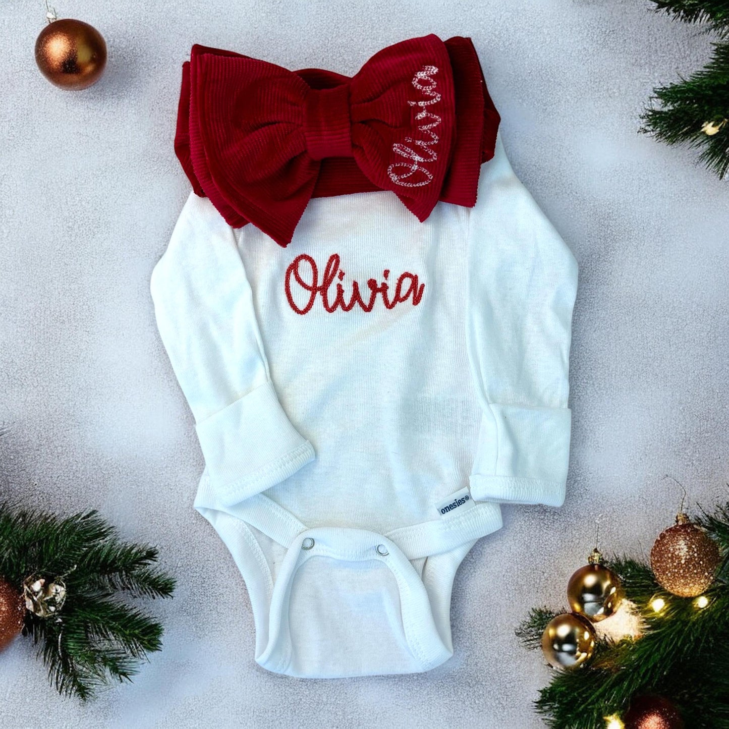 Personalized Christmas Bow and Onesie or T shirt Newborn infant toddler or adult girl name perfect for family matching and holiday pictures