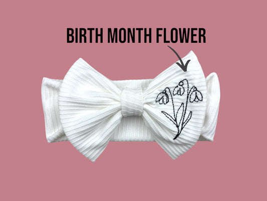 Birth month Flower Headband for Newborn infant or toddler with Baby’s birth month. Custom Stretchy headband bow or clip bow