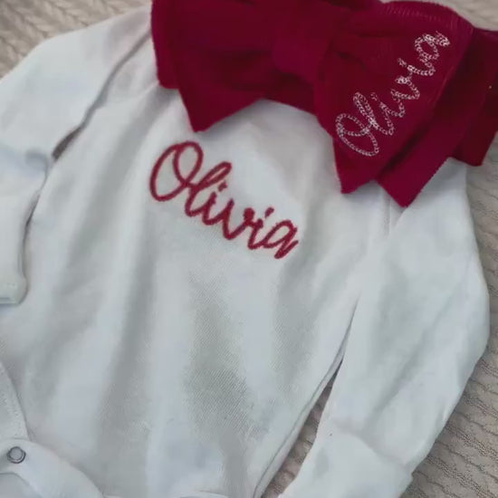 Personalized Christmas Bow and Onesie or T shirt  Newborn infant toddler or adult girl name perfect for family matching and holiday pictures
