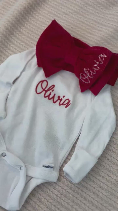 Personalized Christmas Bow and Onesie or T shirt  Newborn infant toddler or adult girl name perfect for family matching and holiday pictures